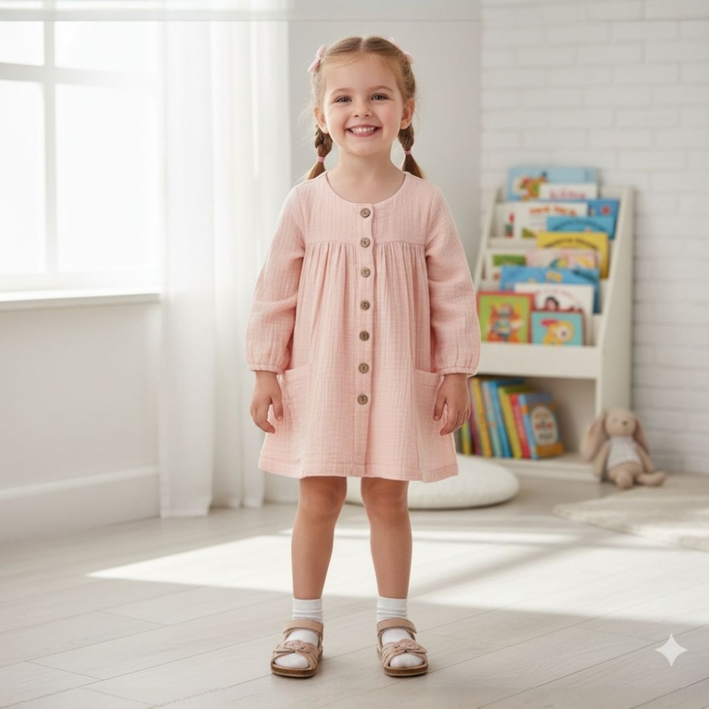 Boho Girl Pink Muslin Cotton Long Sleeve Dress Pockets Button Up Tunic Sz 3-4